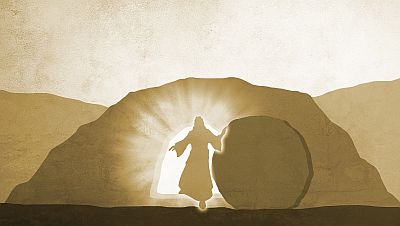 In einem Hügel ist eine offene Tür, aus der Licht dringt. Im Licht erkennen wir schemenhaft Jesus Christus, der auf uns zugeht.