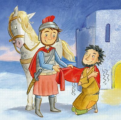 Eine lustige Zeichnung zeigt stehend einen römischen Soldaten mit Helm, Brustharnisch und Schwert, der jedoch nur einen Teil seines prächtigen roten Mantels um hat. Den anderen Teil legt er einem vor ihm knienden Mann in zerrissener Kleidung um die Schultern, der sichtlich vor Kälte schlottert.