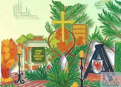 Ein Kirchenaltar ist mit grünem Nadelholz und herbstlich gefärbten Laubholzzweigen geschmückt.