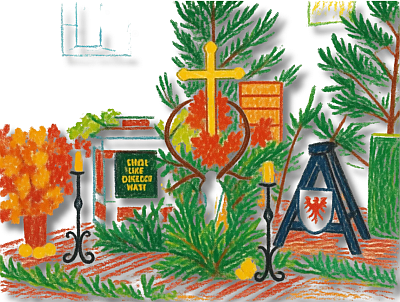 Ein Altar einer Dorfkirche ist mit grünem Nadelholz und herbstlich gefärbten Laubholzzweigen geschmückt.