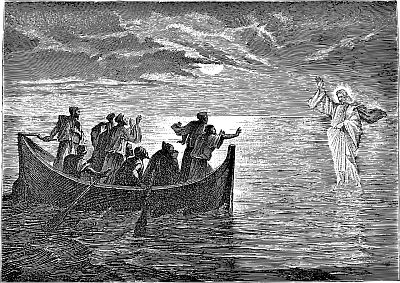 Ein alter Stich zeigt die Jünger Jesu in einem Boot auf einem vom Mond beschienenen See. Sie sind in heller Aufregung, denn vor ihnen erscheint in hellem Gewand, auf der Wasserfläche stehend Jesus, der sie mit erhobener Hand grüßt.